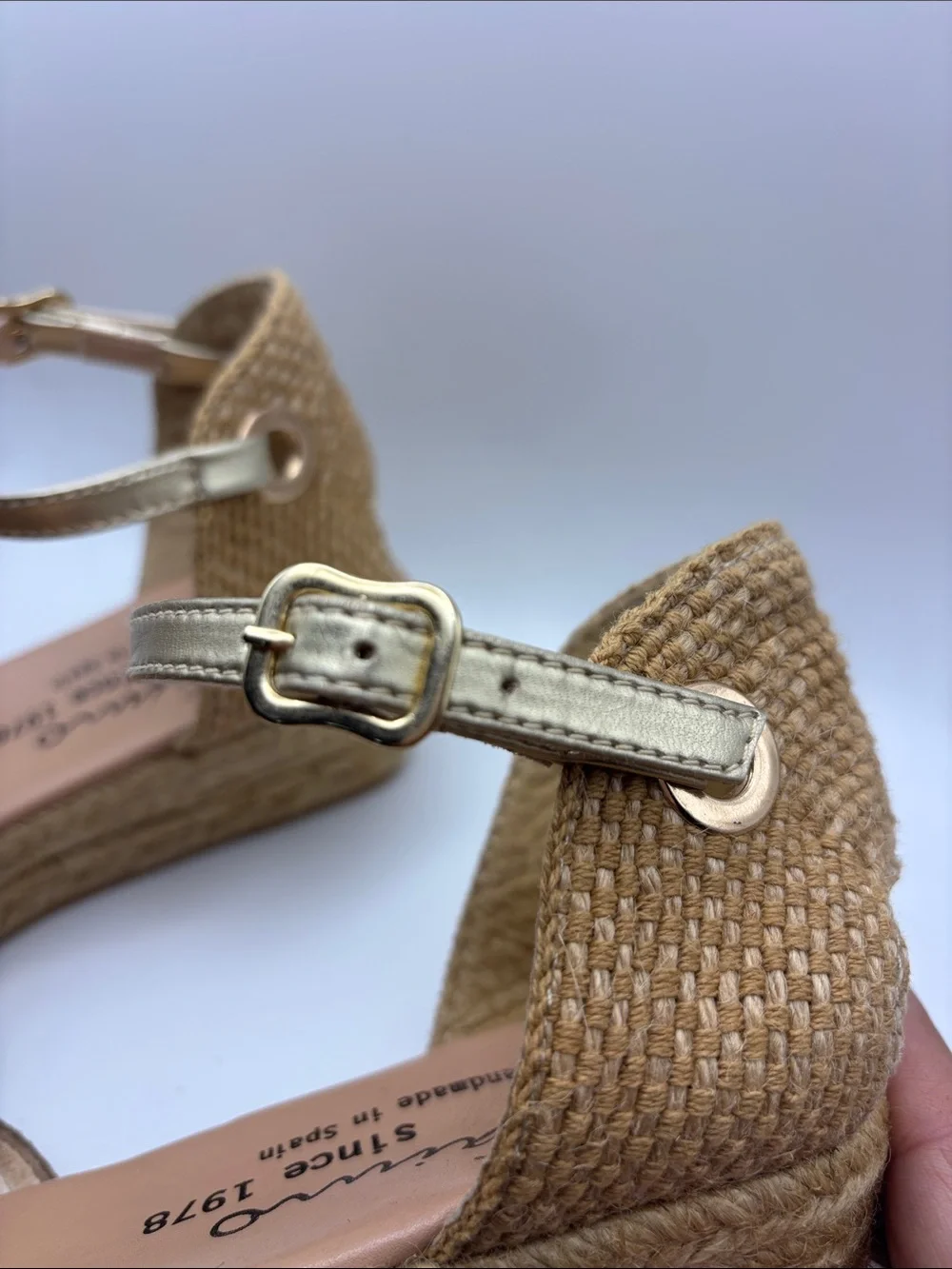 Gaimo Taupe Suede Espadrille Wedge with Gold Ankle Strap Size 40/9